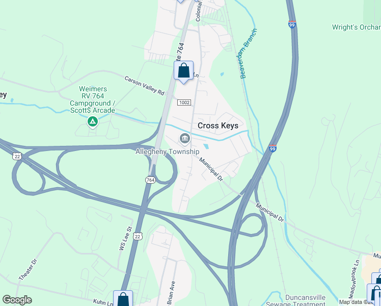 map of restaurants, bars, coffee shops, grocery stores, and more near 1160 Municipal Drive in Duncansville