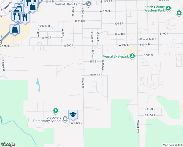 map of restaurants, bars, coffee shops, grocery stores, and more near 366 775 South in Vernal