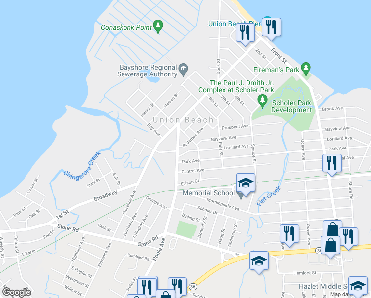 map of restaurants, bars, coffee shops, grocery stores, and more near 210 Saint James Avenue in Union Beach