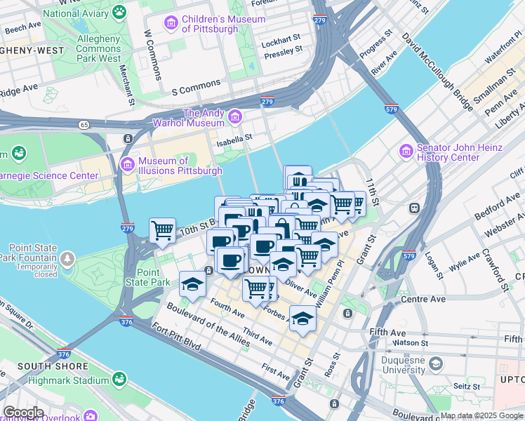 map of restaurants, bars, coffee shops, grocery stores, and more near Fort Duquesne Blvd & 7th St in Pittsburgh