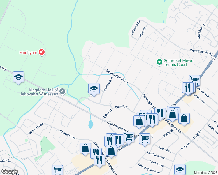 map of restaurants, bars, coffee shops, grocery stores, and more near 31 Central Avenue in Franklin Township