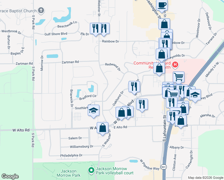 map of restaurants, bars, coffee shops, grocery stores, and more near 307 Southlea Drive in Kokomo