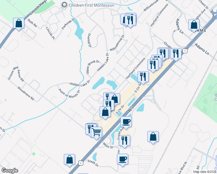 map of restaurants, bars, coffee shops, grocery stores, and more near 342 Wimbeldon Court in North Brunswick Township