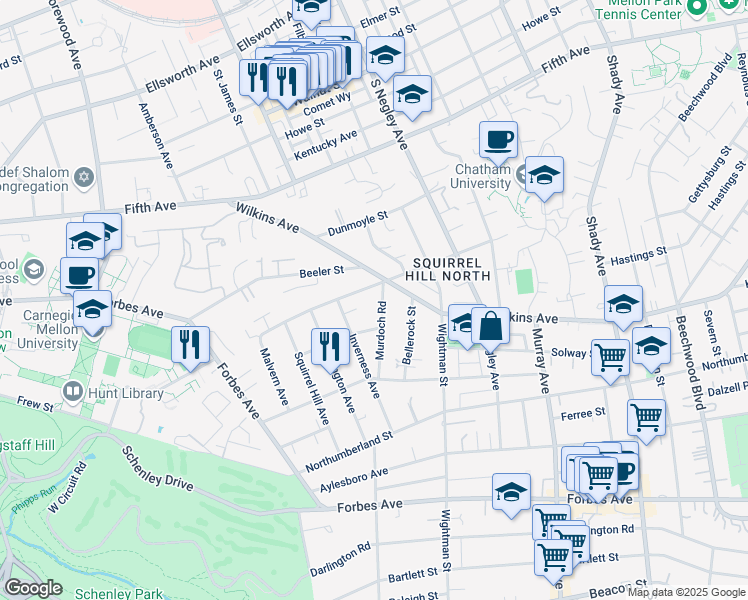 map of restaurants, bars, coffee shops, grocery stores, and more near 1228 Murdoch Road in Pittsburgh