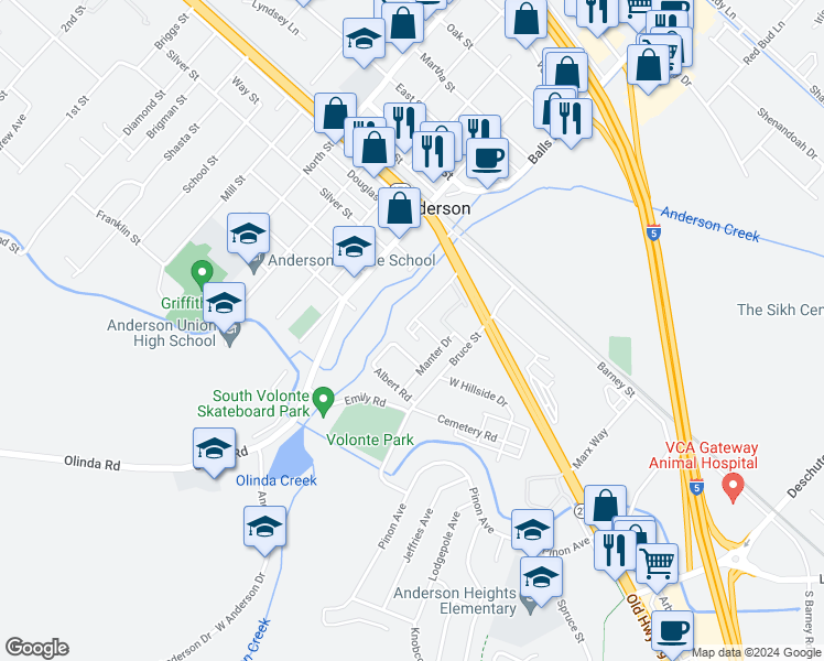 map of restaurants, bars, coffee shops, grocery stores, and more near in Anderson