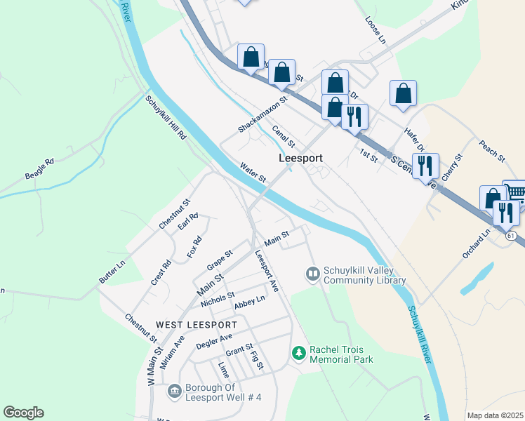 map of restaurants, bars, coffee shops, grocery stores, and more near 133 Main Street in Leesport