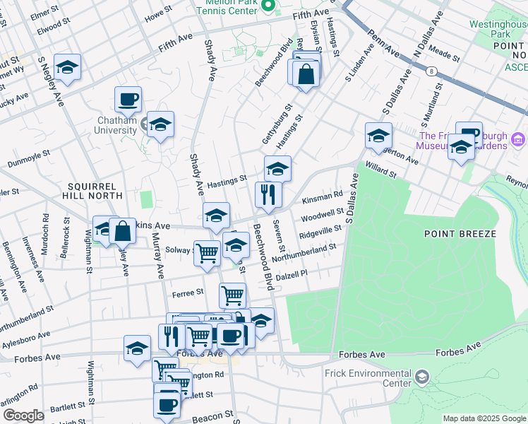 map of restaurants, bars, coffee shops, grocery stores, and more near 6518 Wilkins Avenue in Pittsburgh