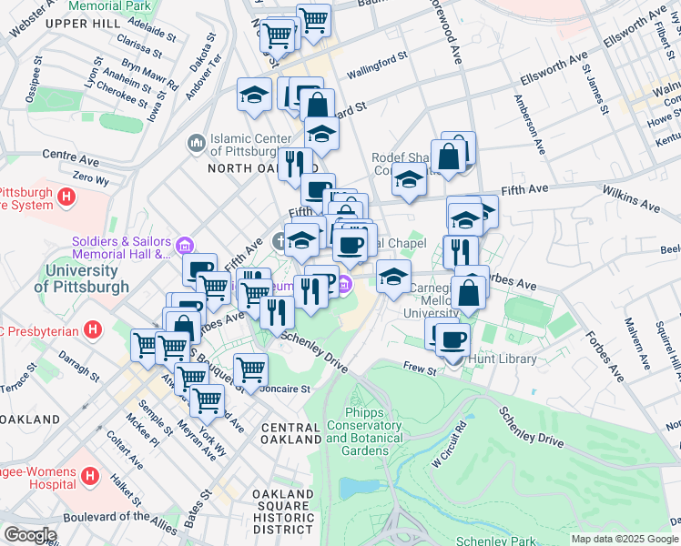 map of restaurants, bars, coffee shops, grocery stores, and more near 425 South Craig Street in Pittsburgh