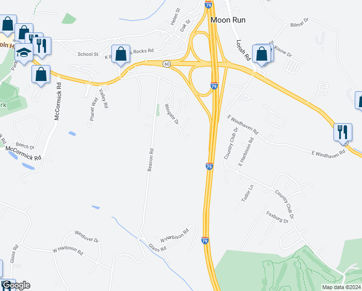 map of restaurants, bars, coffee shops, grocery stores, and more near 1000 Wingate Drive in Pittsburgh