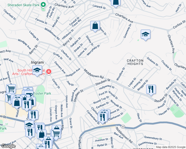 map of restaurants, bars, coffee shops, grocery stores, and more near 2638 Middletown Road in Pittsburgh