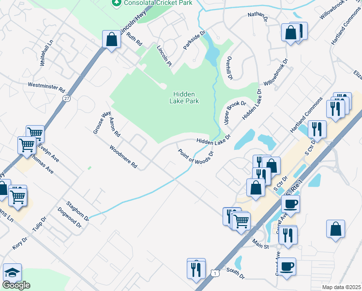 map of restaurants, bars, coffee shops, grocery stores, and more near 1 Point of Woods Drive in North Brunswick Township