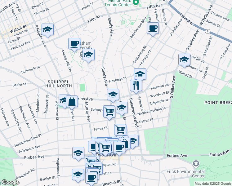 map of restaurants, bars, coffee shops, grocery stores, and more near 1348 Denniston Street in Pittsburgh