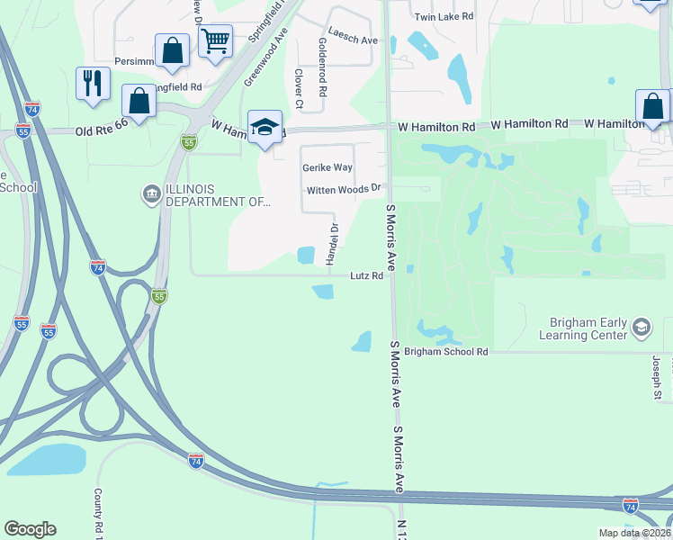 map of restaurants, bars, coffee shops, grocery stores, and more near 2708 Handel Drive in Bloomington