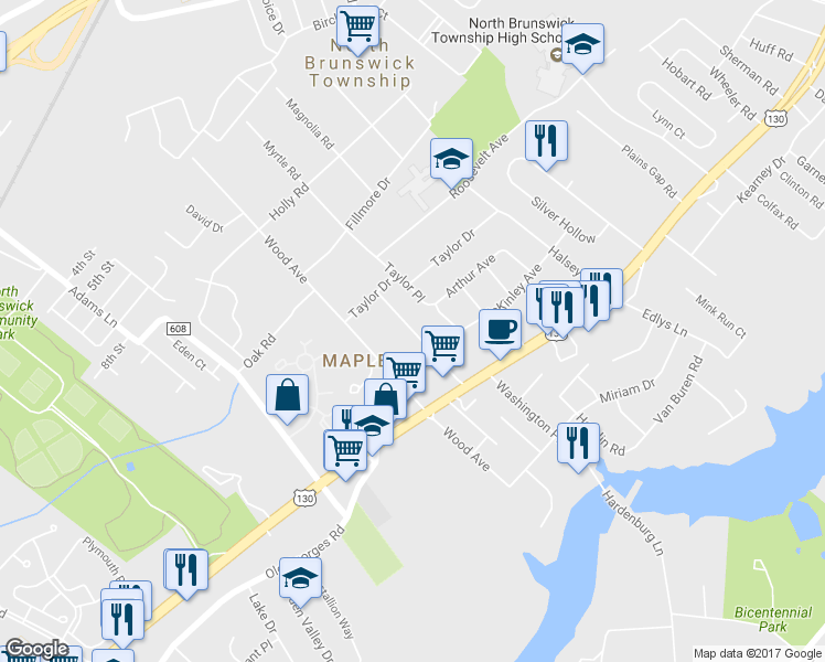 map of restaurants, bars, coffee shops, grocery stores, and more near 470 Calvert Road in North Brunswick Township