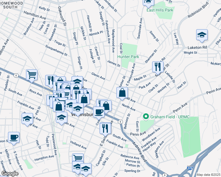 map of restaurants, bars, coffee shops, grocery stores, and more near 923 Hill Avenue in Pittsburgh