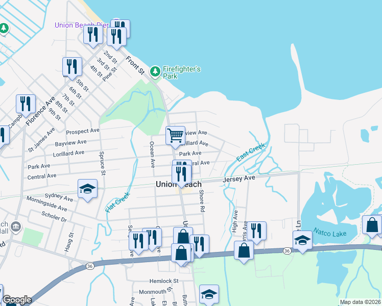 map of restaurants, bars, coffee shops, grocery stores, and more near 726 Park Avenue in Union Beach