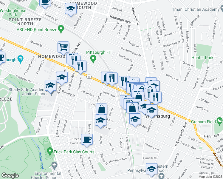 map of restaurants, bars, coffee shops, grocery stores, and more near 430 State Highway 8 in Pittsburgh