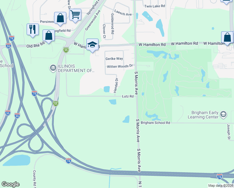 map of restaurants, bars, coffee shops, grocery stores, and more near 2708 Handel Drive in Bloomington