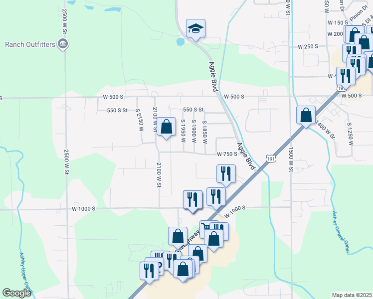 map of restaurants, bars, coffee shops, grocery stores, and more near 743 South 1950 West in Vernal