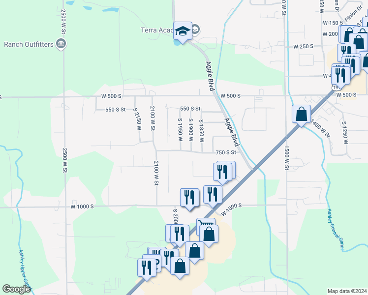 map of restaurants, bars, coffee shops, grocery stores, and more near 743 South 1950 West in Vernal