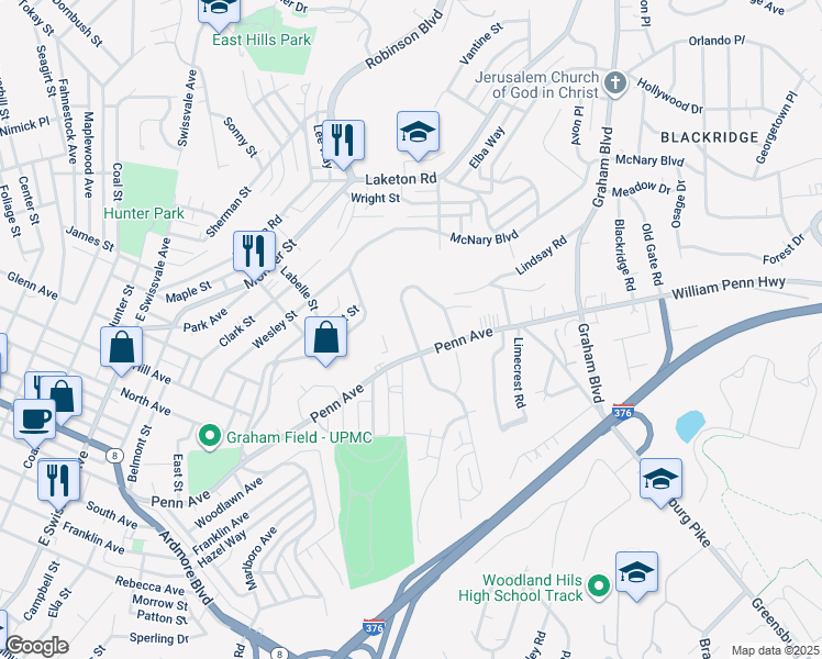 map of restaurants, bars, coffee shops, grocery stores, and more near 1013 West Findley Drive in Wilkinsburg