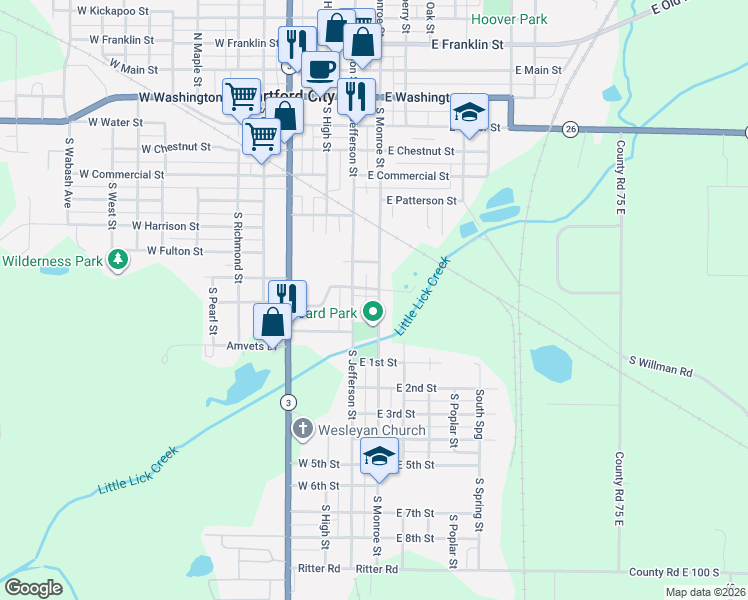 map of restaurants, bars, coffee shops, grocery stores, and more near 706 South Monroe Street in Hartford City