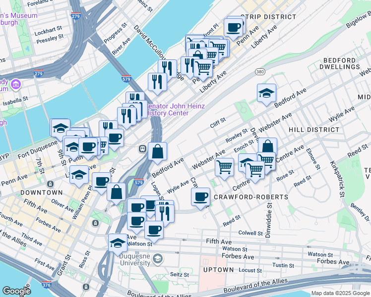 map of restaurants, bars, coffee shops, grocery stores, and more near 1530 Cliff Street in Pittsburgh