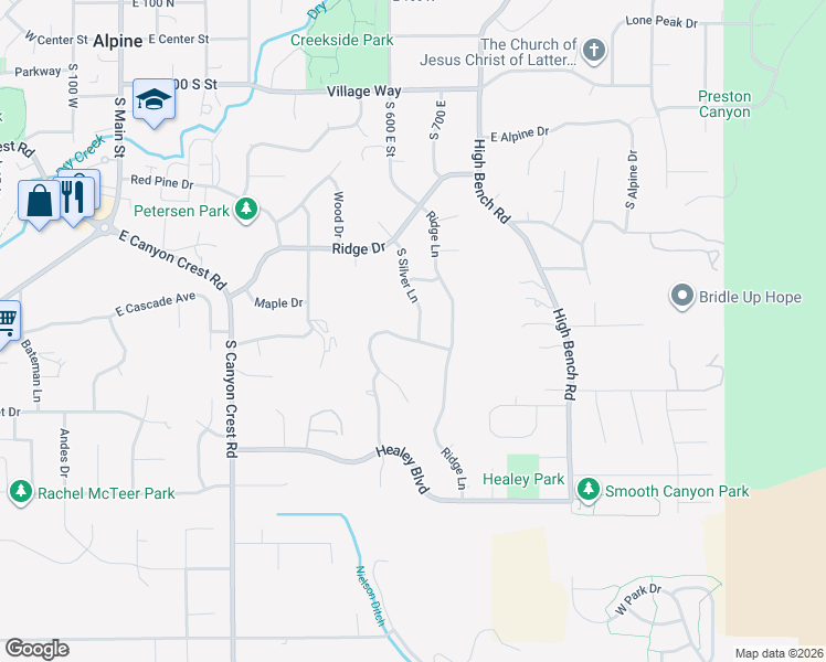 map of restaurants, bars, coffee shops, grocery stores, and more near 598 South Silver Lane in Alpine