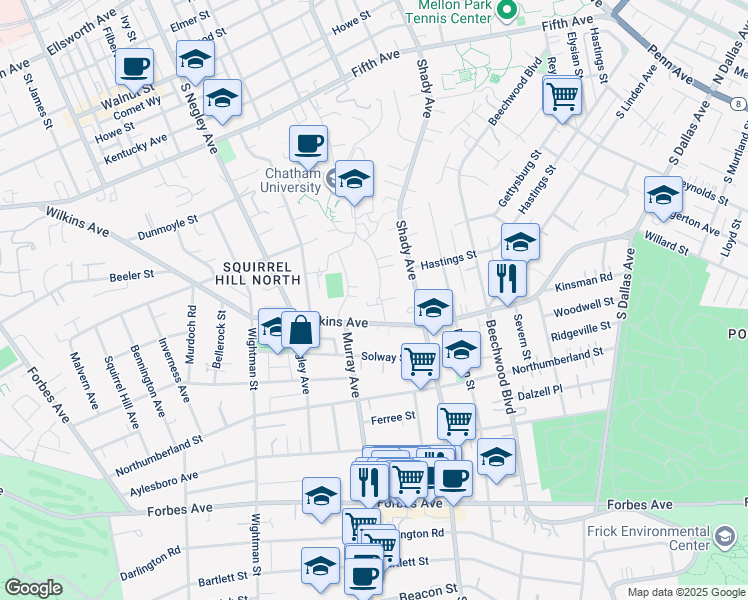 map of restaurants, bars, coffee shops, grocery stores, and more near 125 Woodland Road in Pittsburgh