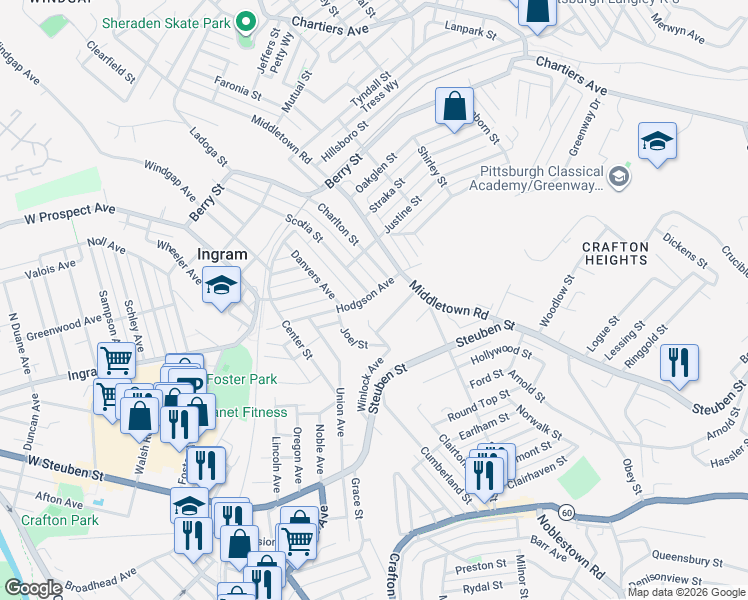 map of restaurants, bars, coffee shops, grocery stores, and more near 84 Hodgson Avenue in Pittsburgh