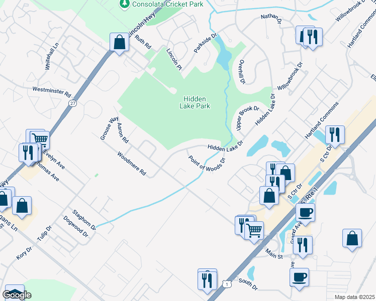 map of restaurants, bars, coffee shops, grocery stores, and more near 1 Point of Woods Drive in North Brunswick Township