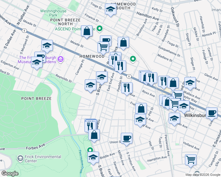 map of restaurants, bars, coffee shops, grocery stores, and more near 311 East End Avenue in Pittsburgh