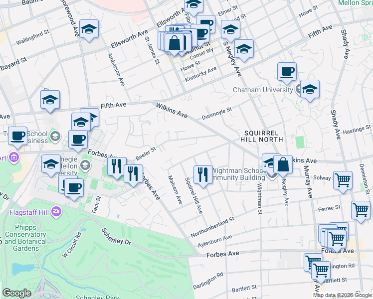 map of restaurants, bars, coffee shops, grocery stores, and more near 5401 Fair Oaks Street in Pittsburgh