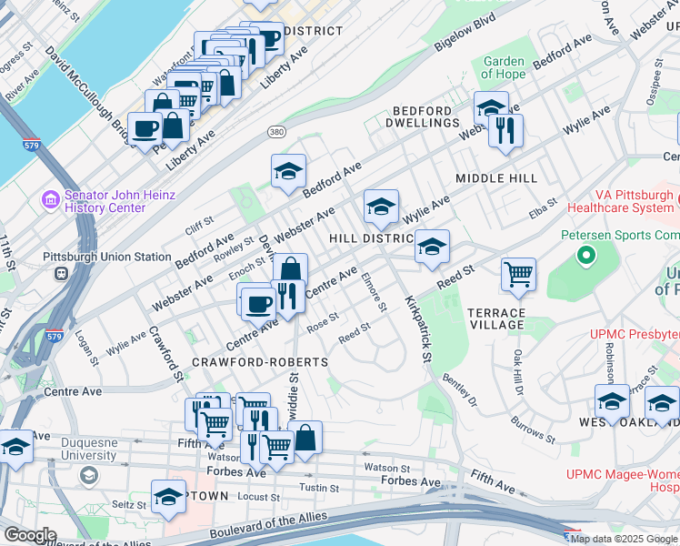 map of restaurants, bars, coffee shops, grocery stores, and more near in Pittsburgh