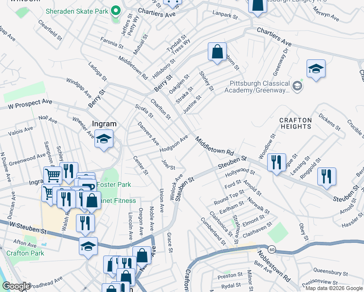 map of restaurants, bars, coffee shops, grocery stores, and more near 84 Hodgson Avenue in Pittsburgh