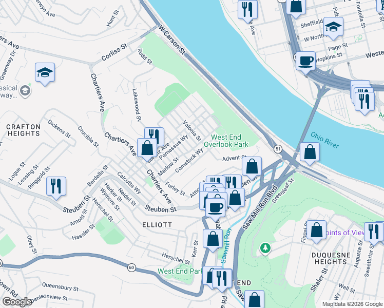 map of restaurants, bars, coffee shops, grocery stores, and more near 400 Marlow Street in Pittsburgh