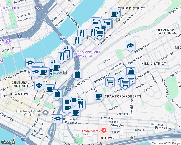 map of restaurants, bars, coffee shops, grocery stores, and more near 1530 Cliff Street in Pittsburgh
