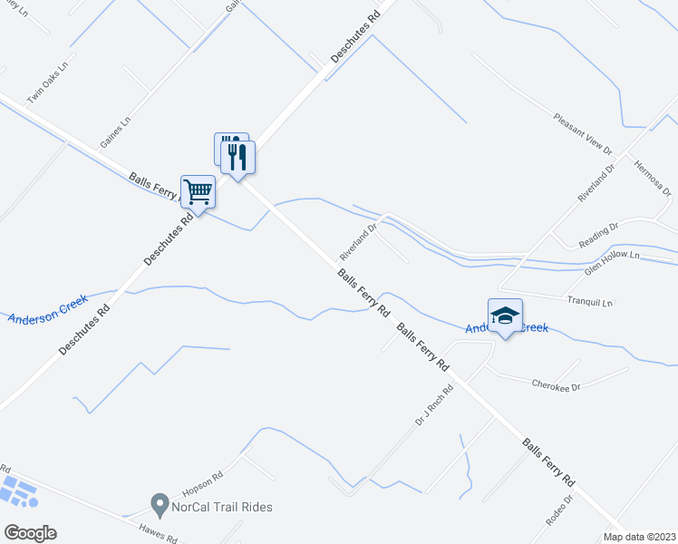 map of restaurants, bars, coffee shops, grocery stores, and more near 5402 Balls Ferry Road in Anderson