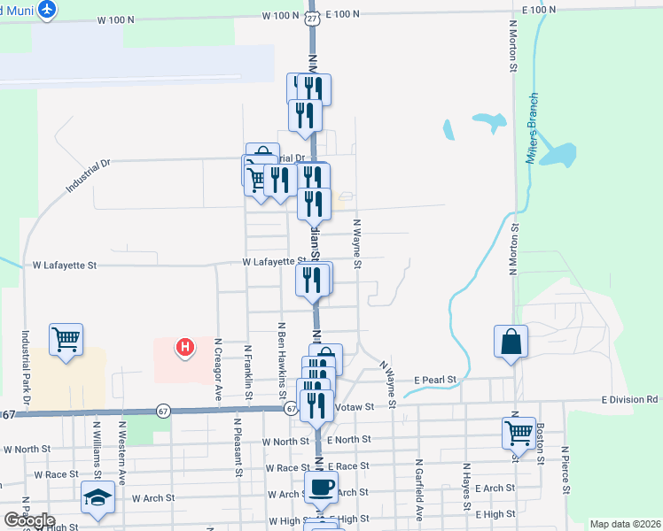 map of restaurants, bars, coffee shops, grocery stores, and more near 105 East Lafayette Street in Portland