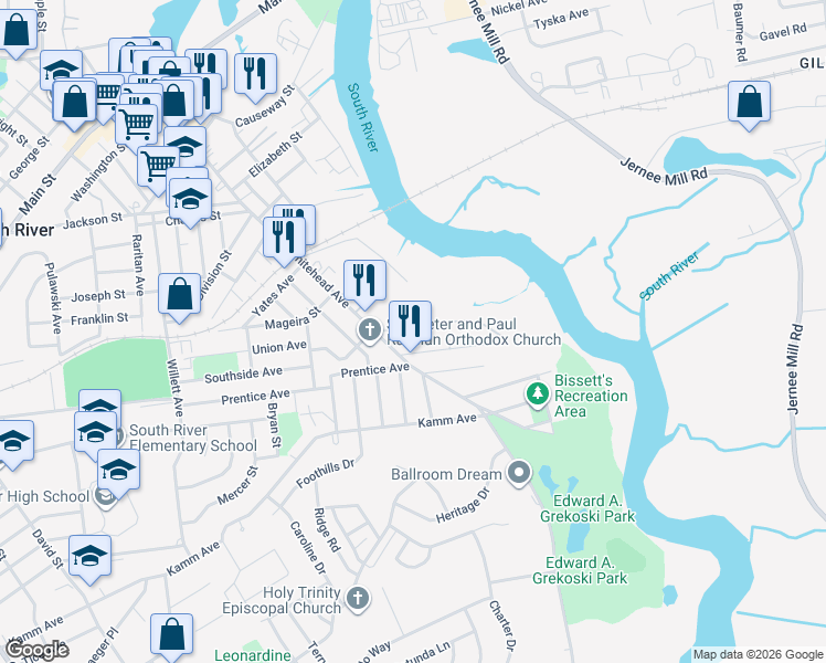 map of restaurants, bars, coffee shops, grocery stores, and more near 55 Armstrong Avenue in South River