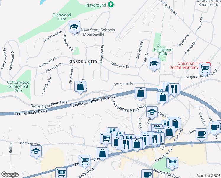 map of restaurants, bars, coffee shops, grocery stores, and more near 3719 Evergreen Drive in Monroeville