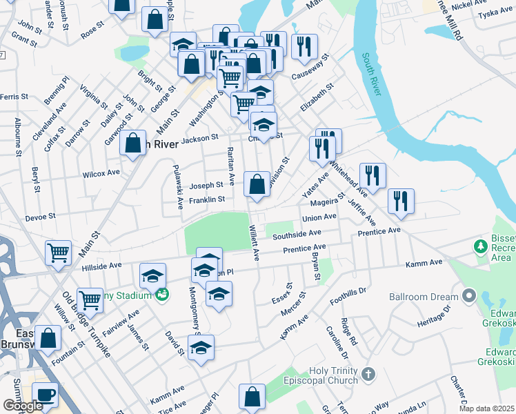 map of restaurants, bars, coffee shops, grocery stores, and more near 17 Division Street in South River