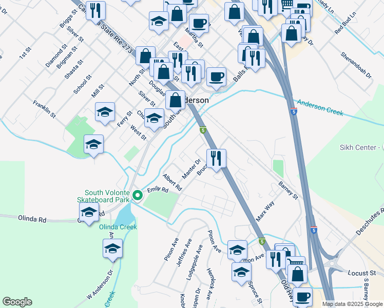 map of restaurants, bars, coffee shops, grocery stores, and more near in Anderson