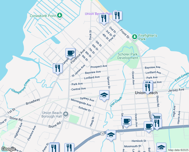map of restaurants, bars, coffee shops, grocery stores, and more near 234 Lorillard Avenue in Union Beach