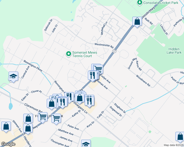 map of restaurants, bars, coffee shops, grocery stores, and more near 1 Reler Lane in Franklin Township