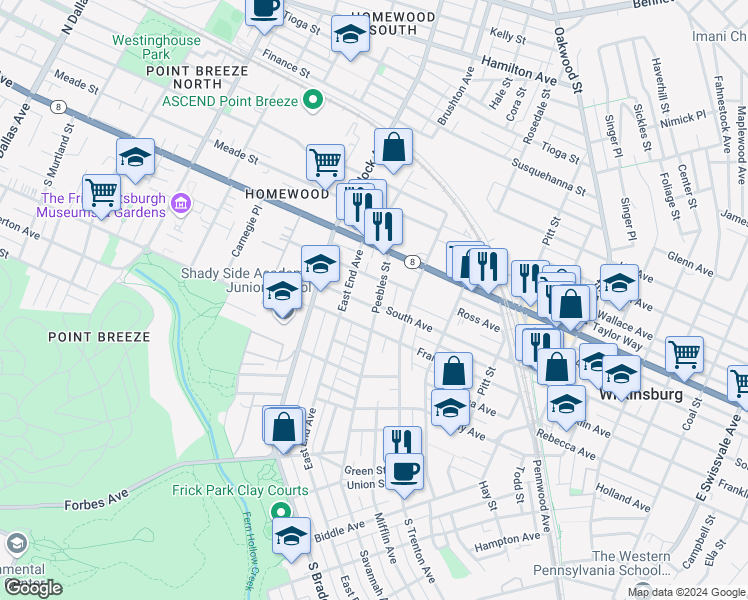 map of restaurants, bars, coffee shops, grocery stores, and more near 303 Peebles Street in Pittsburgh