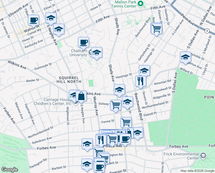 map of restaurants, bars, coffee shops, grocery stores, and more near 1336 Shady Avenue in Pittsburgh