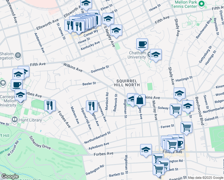 map of restaurants, bars, coffee shops, grocery stores, and more near 1228 Murdoch Road in Pittsburgh