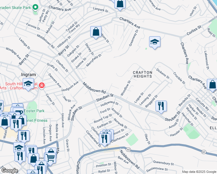 map of restaurants, bars, coffee shops, grocery stores, and more near 2536 Middletown Road in Pittsburgh