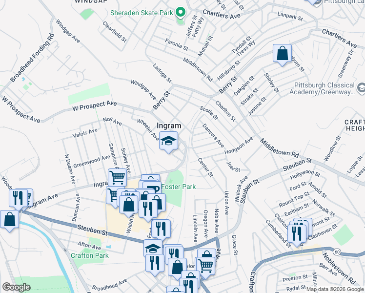 map of restaurants, bars, coffee shops, grocery stores, and more near 25 Vancouver Avenue in Pittsburgh